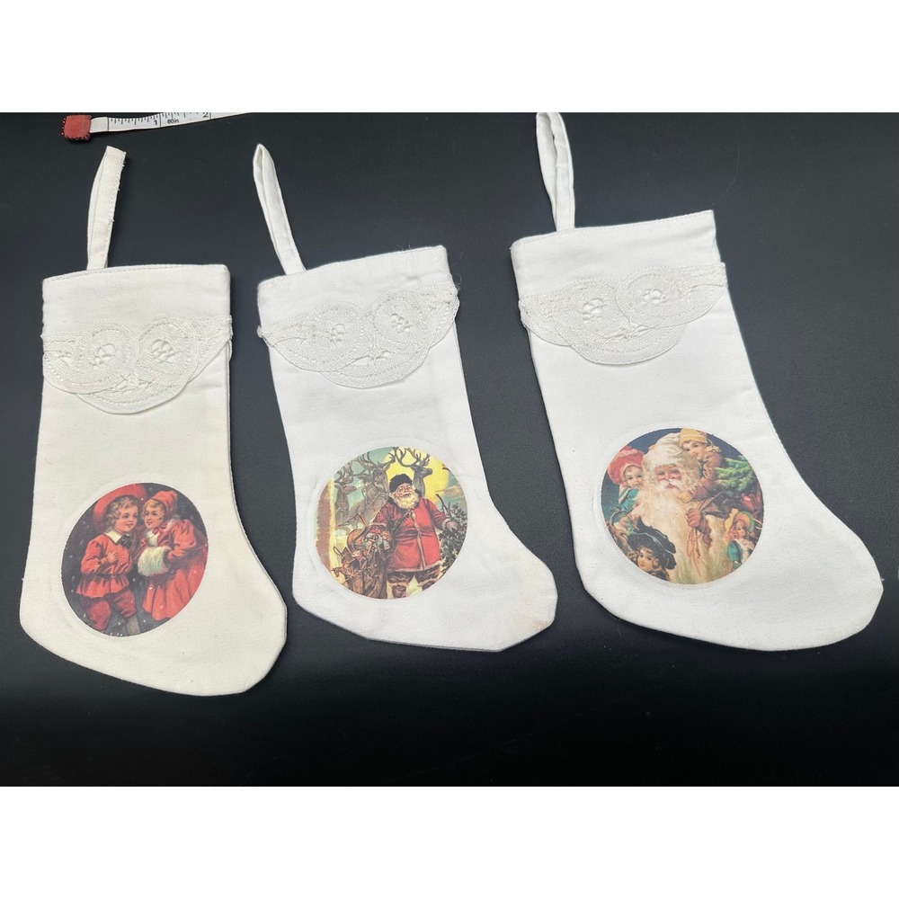 Vintage SMALL White Christmas Stockings Scalloped Lace Santa Transfers Set Of 3